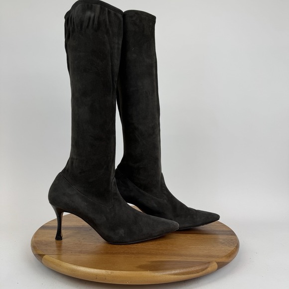 Manolo Blahnik Shoes - Womens Manolo Blahnik Pamfilo Stretch Gray Suede Pull‎ On Stiletto Boots Size 40